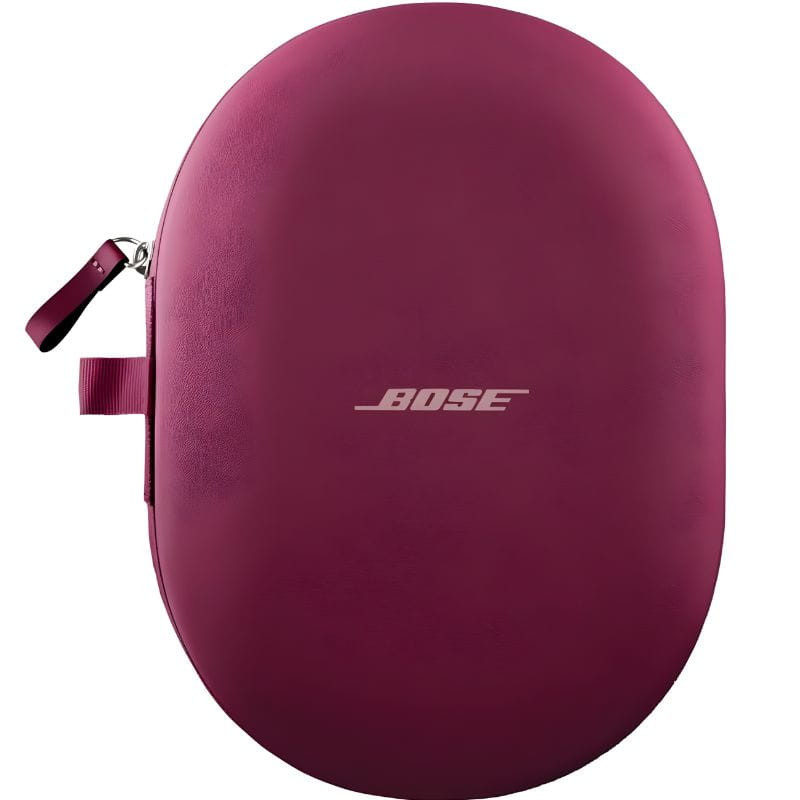 Estojo rígido oval em Deep Plum com logo Bose prateado e alça lateral; acabamento liso, proteção para Bose QuietComfort Ultra Headphones.