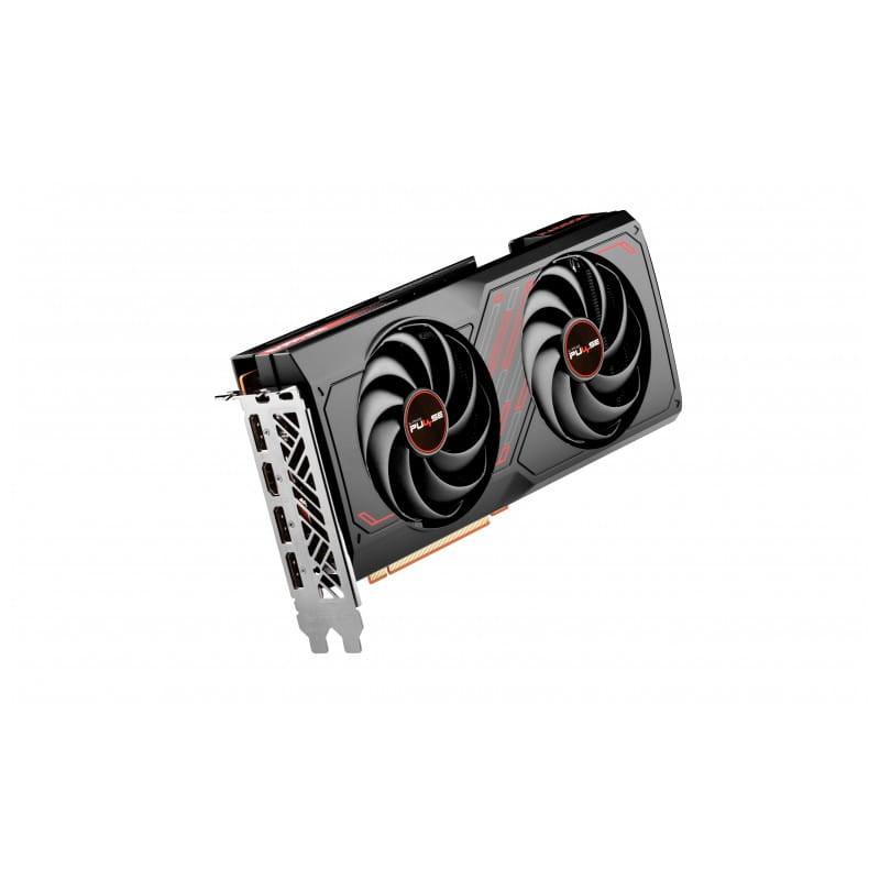 Carte Sapphire PULSE AMD Radeon RX 7600 PULSE AMD Radeon RX 7600 vue des ventilateurs et des connexions