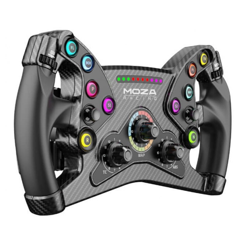 Moza Racing KS 30 cm negro: volante PC estilo F1 en fibra de carbono, empuñaduras ergonómicas, múltiples botones RGB, levas traseras y diales configurables