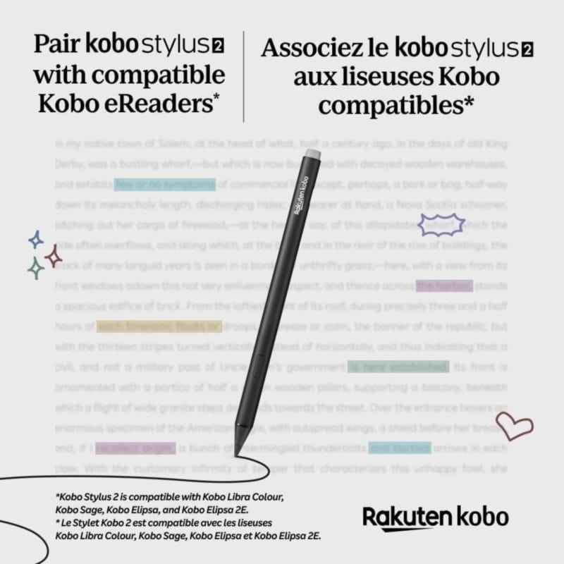 Lápiz digital Rakuten Kobo Stylus 2 Negro compatible con eReaders Libra Colour, Sage, Elipsa, Elipsa 2E