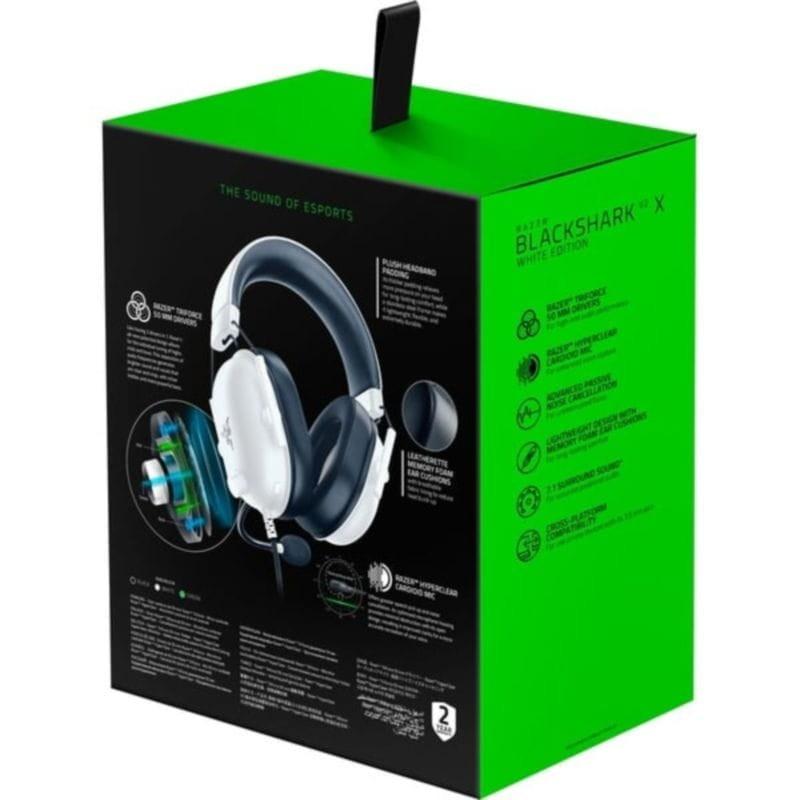 Vista trasera de la caja de los Auriculares Gaming Razer BlackShark V2 X Blanco
