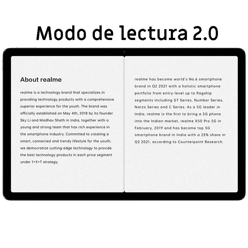Tablet Realme Pad 2 6GB/128GB Gris con pantalla 2K de 11.5 pulgadas, biseles delgados y modo de lectura 2.0 mostrando texto nítido en dos páginas