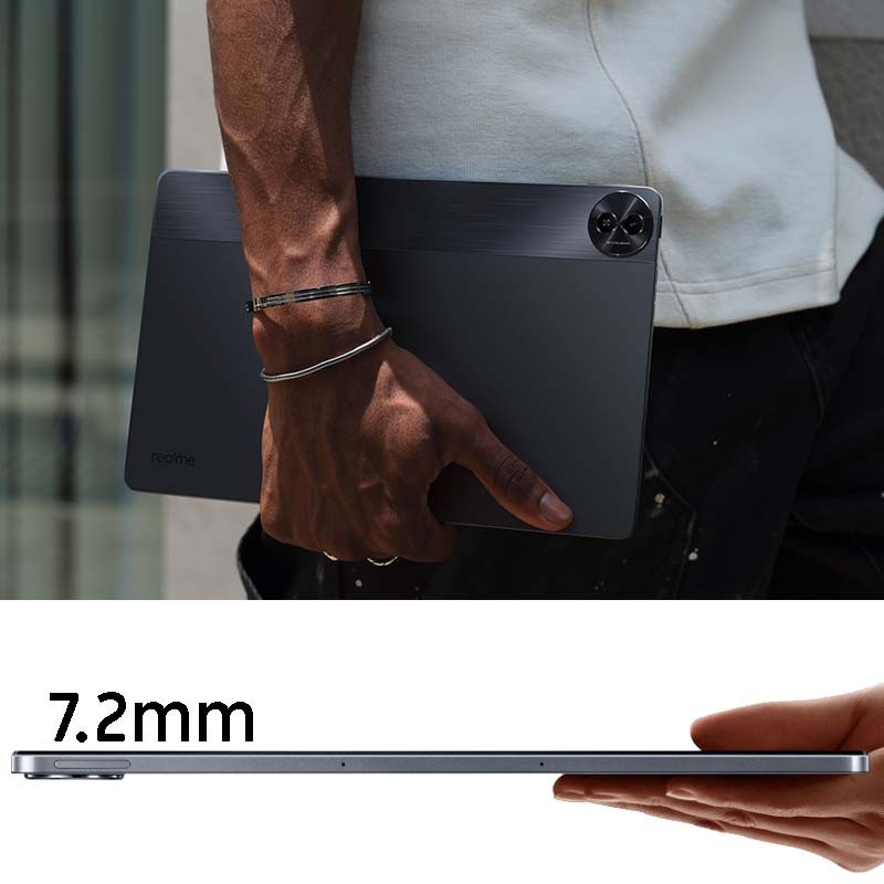 Tablet Realme Pad 2 6GB/128GB Gris 2K 11.5, diseño delgado 7.2 mm, cuerpo metálico elegante, cámara trasera grande, bordes rectos y acabado bicolor