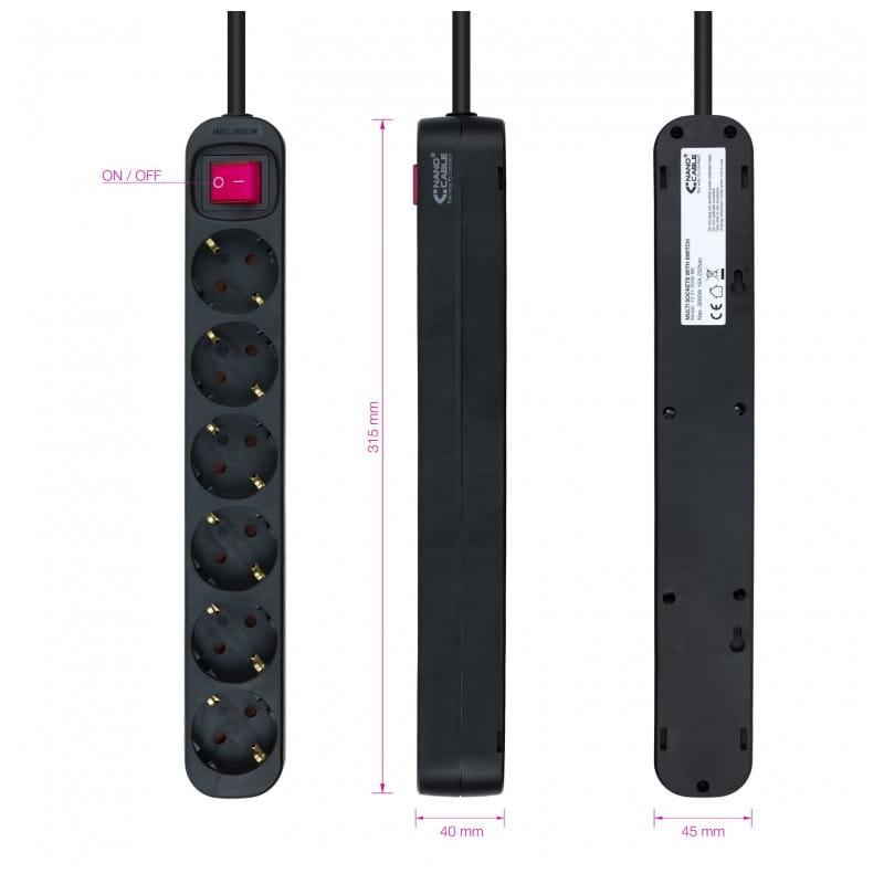 Bloc à 6 prises Nanocable avec interrupteur 1.4m Noir, Interrupteur ON/OFF