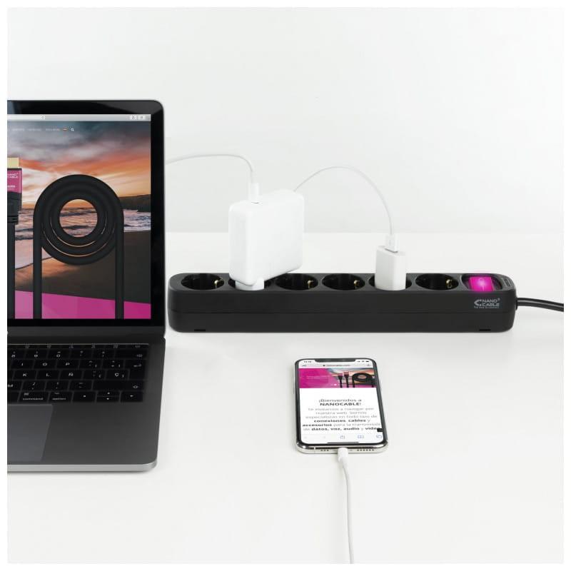 Bloc à 6 prises Nanocable avec interrupteur 1.4m Noir, Câble de 1,4 mètre