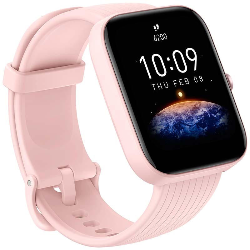 vista frontal y lateral izquierdo del Amazfit Bip 3 Pro Rosa