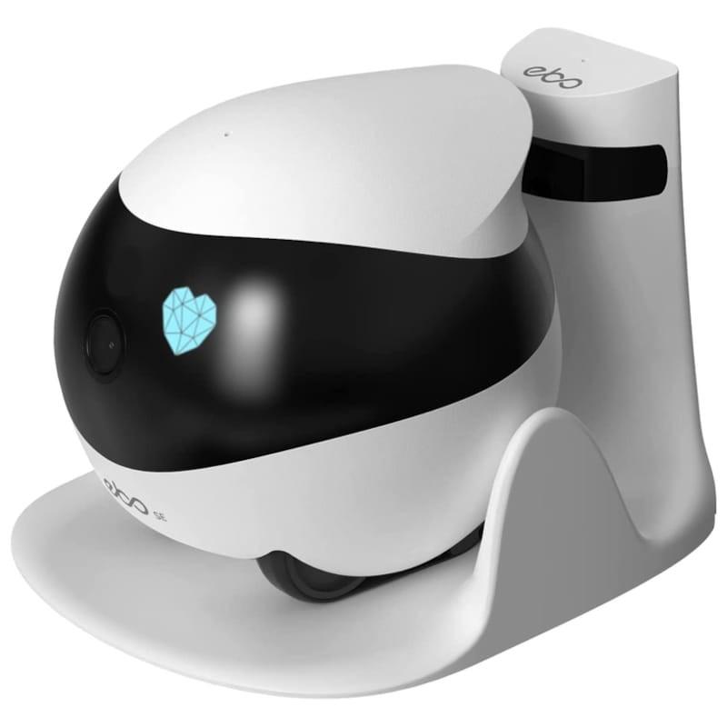 vue de face et de droite du Robot de Surveillance Enabot EBO SE sur sa base de chargement