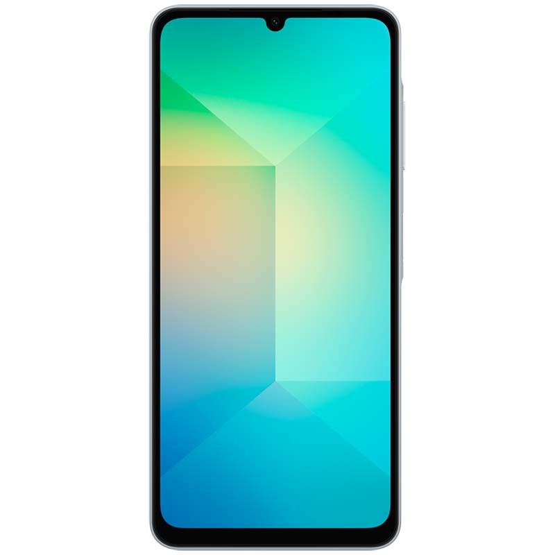 Samsung Galaxy A06 4G azul claro con pantalla HD+ amplia, bordes delgados y notch en V; diseño frontal minimalista y elegante, ideal para visualización