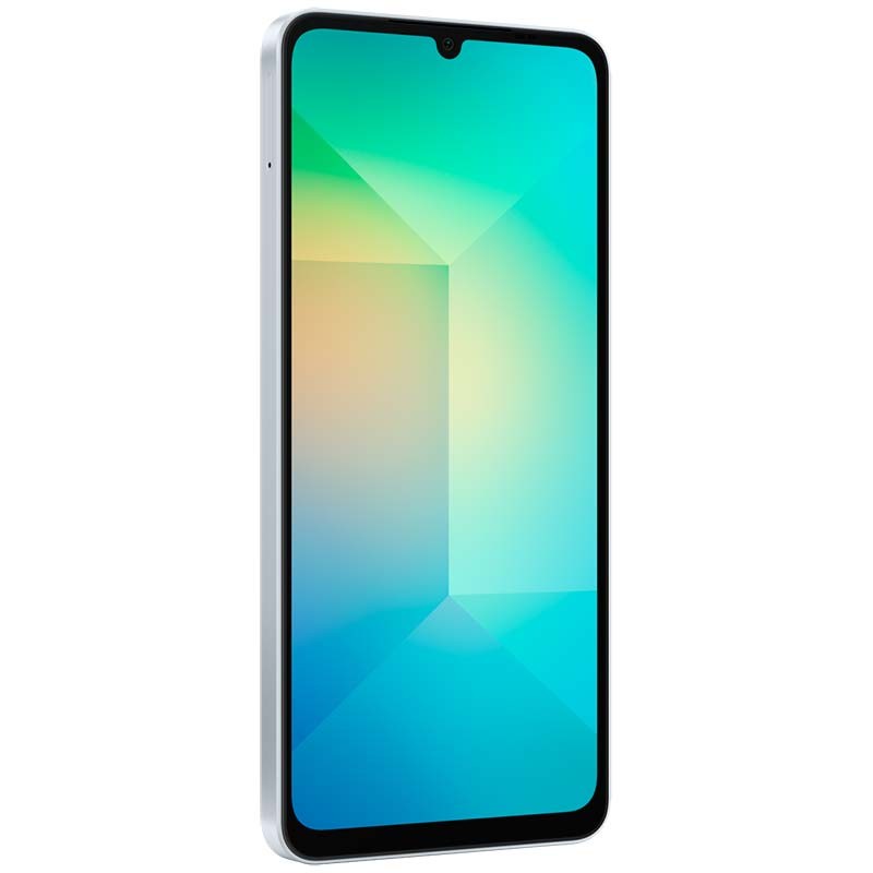 Samsung Galaxy A06 4G azul claro con pantalla HD+ casi sin bordes, notch en V y marco lateral plateado; diseño delgado y moderno, 4GB RAM, 128GB almacenamiento