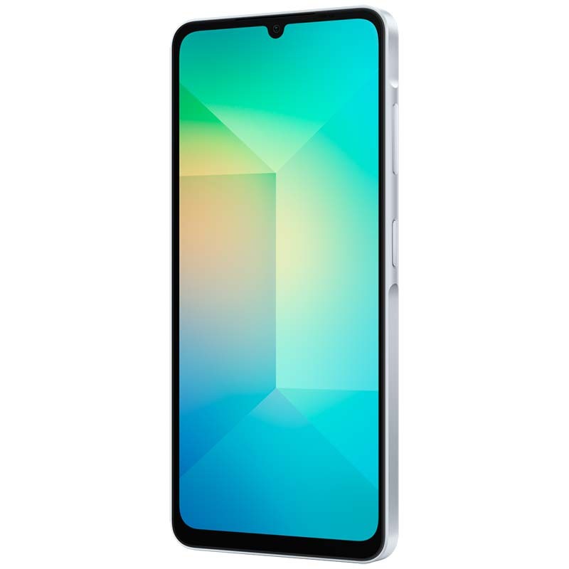 Samsung Galaxy A06 4G azul claro con pantalla HD+ de bordes delgados, notch en gota y marco lateral plateado con botones de volumen y encendido
