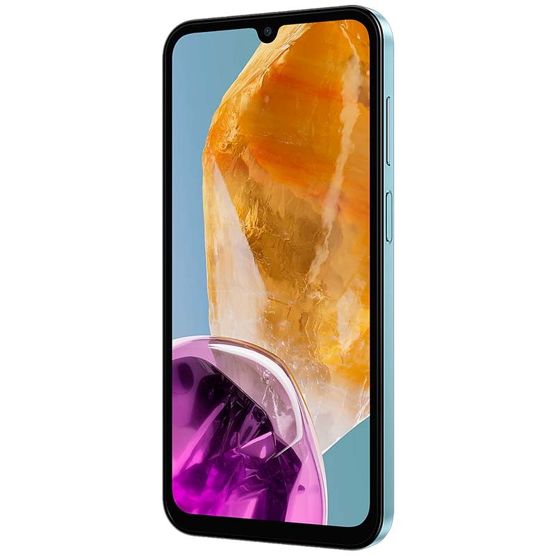 vista frontal y lateral derecho del Teléfono móvil Samsung Galaxy M15 5G 4GB/128GB Azul Claro