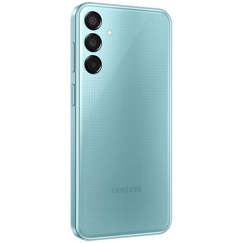 vista trasera y lateral derecho del Teléfono móvil Samsung Galaxy M15 5G 4GB/128GB Azul Claro