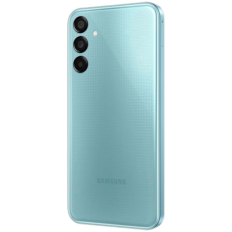 vista trasera y lateral izquierdo del Teléfono móvil Samsung Galaxy M15 5G 4GB/128GB Azul Claro