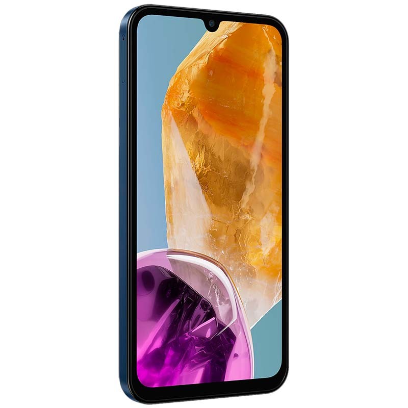 Samsung Galaxy M15 5G 4GB/128GB Azul Oscuro con pantalla casi sin bordes y notch en gota, marco delgado azul y cristal traslúcido reflejado en la pantalla