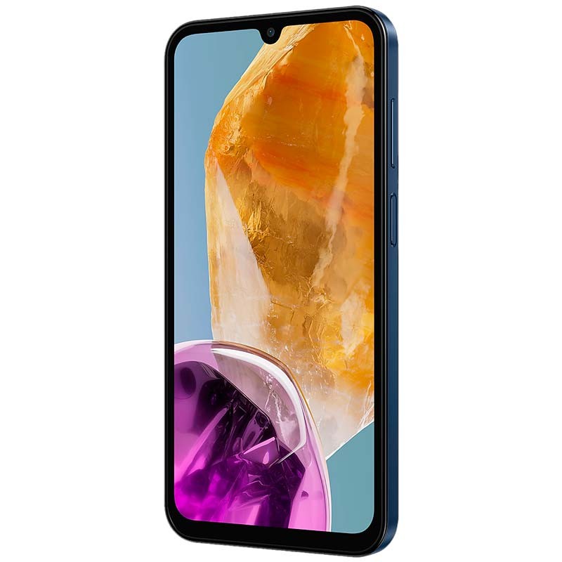 Samsung Galaxy M15 5G 4GB/128GB Azul Oscuro con pantalla infinita y notch en gota, marcos delgados y cuerpo azul, botón lateral y diseño moderno