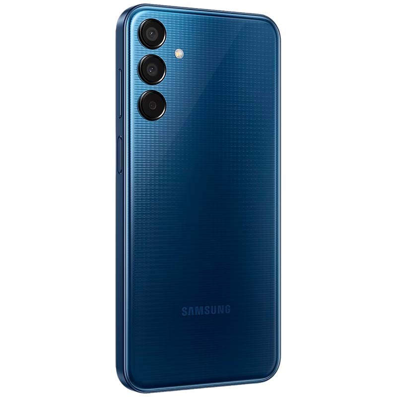 Samsung Galaxy M15 5G 4GB/128GB Azul Oscuro con trasera texturizada brillante, triple cámara vertical con anillos metálicos y bordes curvos elegantes