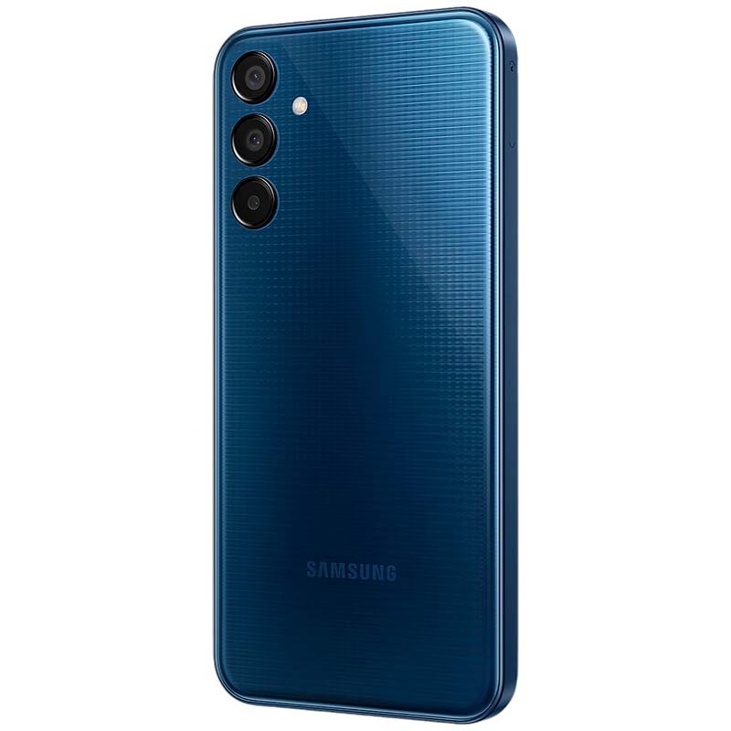 Samsung Galaxy M15 5G 4GB/128GB Azul Oscuro con trasera texturizada, triple cámara vertical y bordes redondeados; acabado brillante y logo Samsung discreto