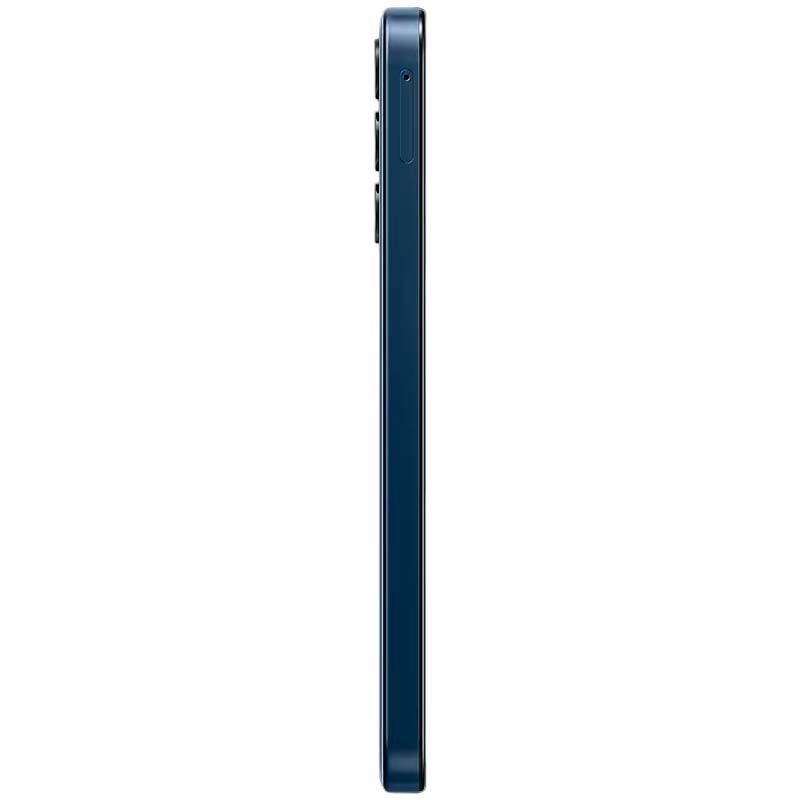 Perfil lateral del Samsung Galaxy M15 5G 4GB/128GB Azul Oscuro, chasis delgado con borde recto, módulo de cámara triple sobresaliente y bandeja SIM visible