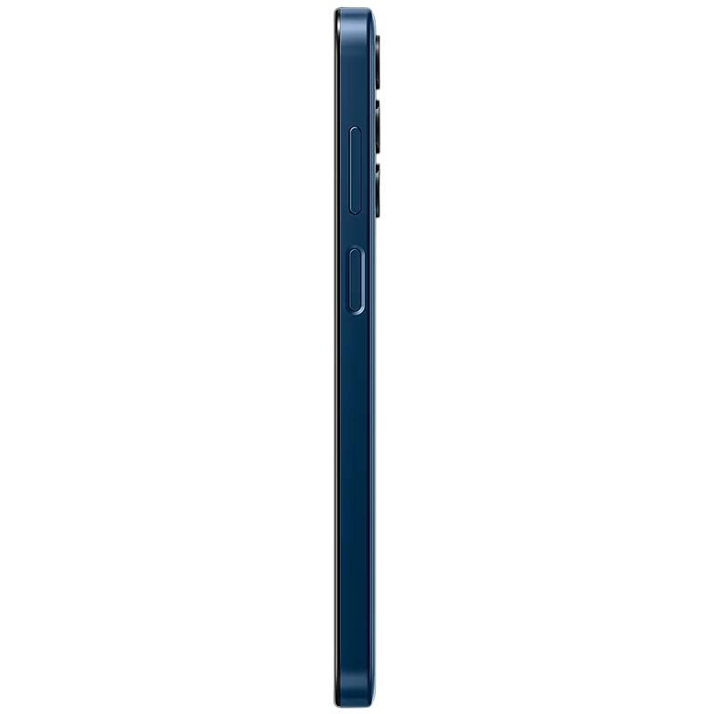 Samsung Galaxy M15 5G 4GB/128GB Azul Oscuro visto de perfil, marco recto en azul, botones de volumen y encendido laterales, módulo de cámaras trasero saliente