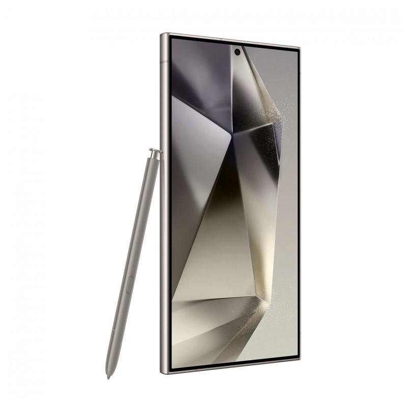 Vista frontal e lateral esquerda do telemóvel Samsung Galaxy S24 Ultra 5G 12GB/512GB Cinzento