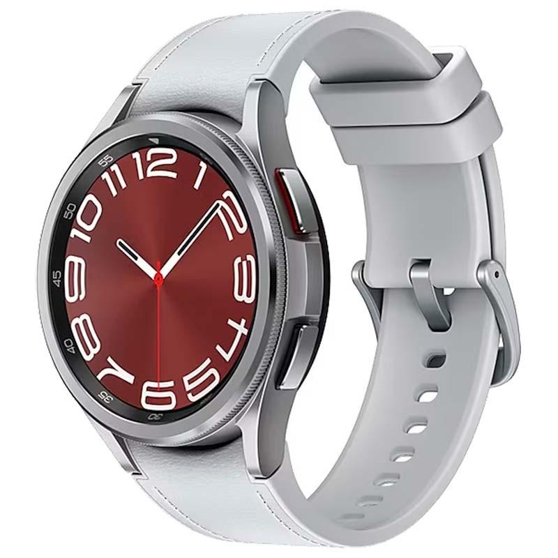 vista frontal y lateral derecho del Reloj inteligente Samsung Galaxy Watch6 Classic R950 43mm BT Plata