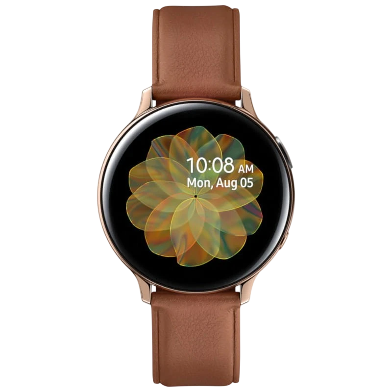 Reloj inteligente dorado de 44 mm con caja de acero y correa de cuero marrón, pantalla circular AMOLED con bisel fino. Clase B reacondicionado