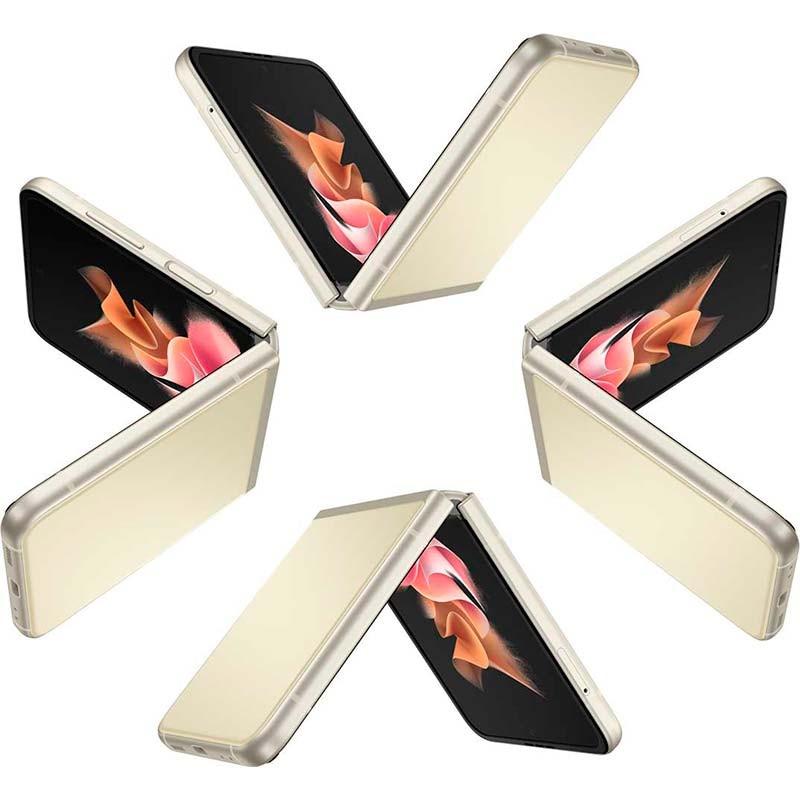 Samsung Galaxy Z Flip3 5G 128GB preto, dobrável em formato concha, várias vistas semiabertas destacando tela flexível, dobradiça metálica e design