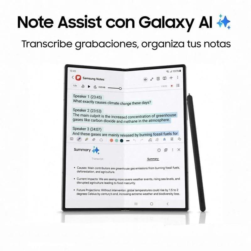 Samsung Galaxy Z Fold6 5G gris, écran pliable ouvert avec stylet noir, interface Samsung Notes affichée, texte et résumé visibles, état excellent