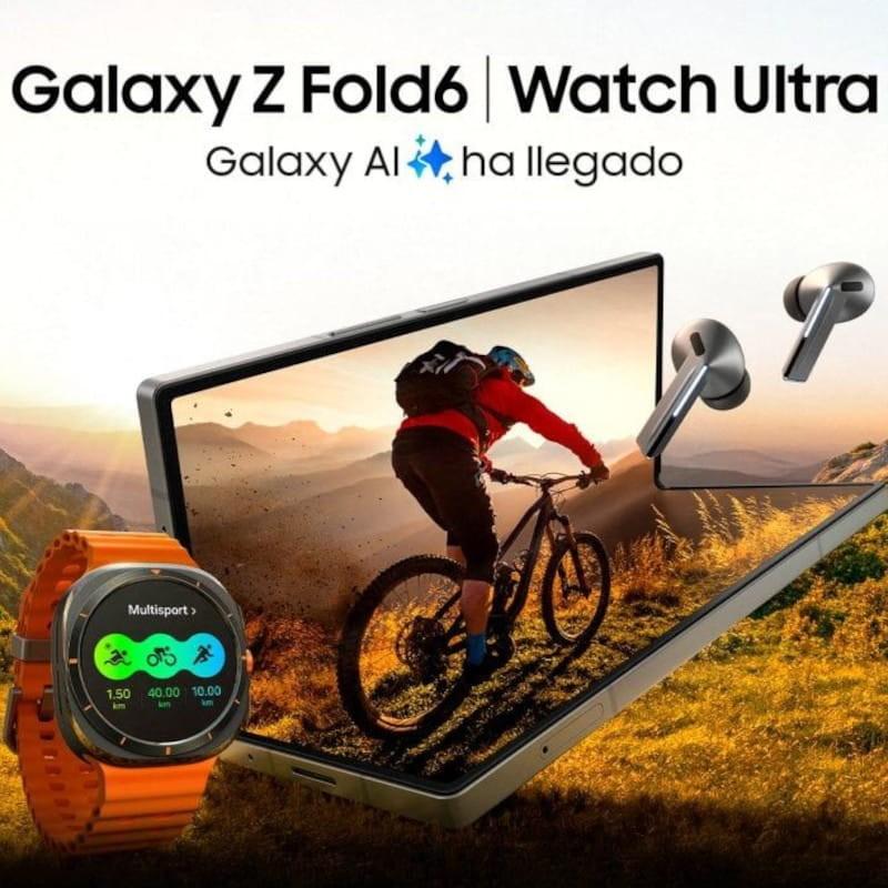 Samsung Galaxy Z Fold6 5G gris reconditionné excellent état, écran pliable large affichant VTT, bords fins; montre Watch Ultra orange et écouteurs inclus