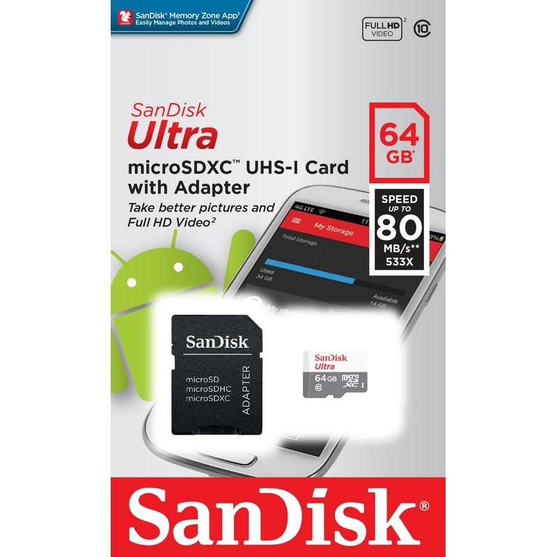 SanDisk Adaptador MicroSD 64GB Ultra UHS-I + Classe 10 - Cinza e branco, caixa do produto - MicroSDXC - Classe 10 - Velocidade de leitura: 80 MB / s - Proteção de nível 4 - Adaptador SD