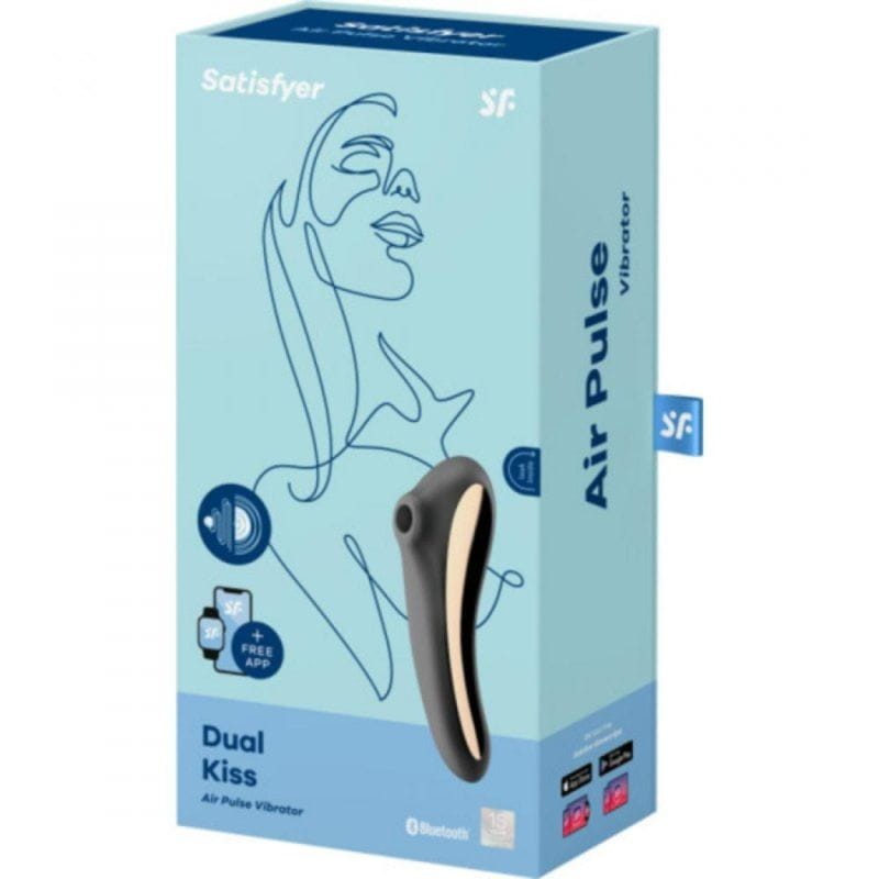 Satisfyer Dual Kiss Vibrador Air Pulse Negro con diseño ergonómico, acabado mate, detalles dorados y control por app; incluye succión y vibración