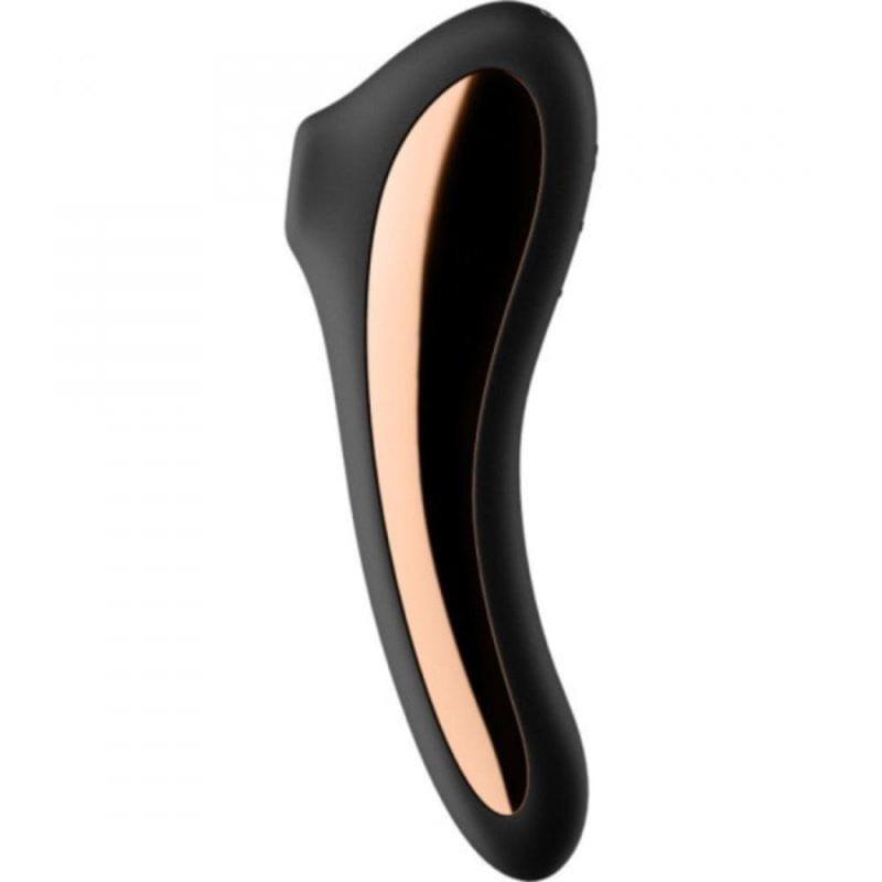 Satisfyer Dual Kiss Vibrador Air Pulse Negro con cuerpo curvo de silicona negra y detalle metálico dorado, boquilla succionadora y acabado ergonómico