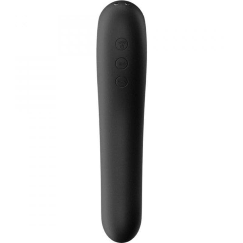 Satisfyer Dual Kiss Vibrador Air Pulse Negro, elegante y alargado en silicona mate, color negro, con tres botones frontales y punta redondeada ergonomía