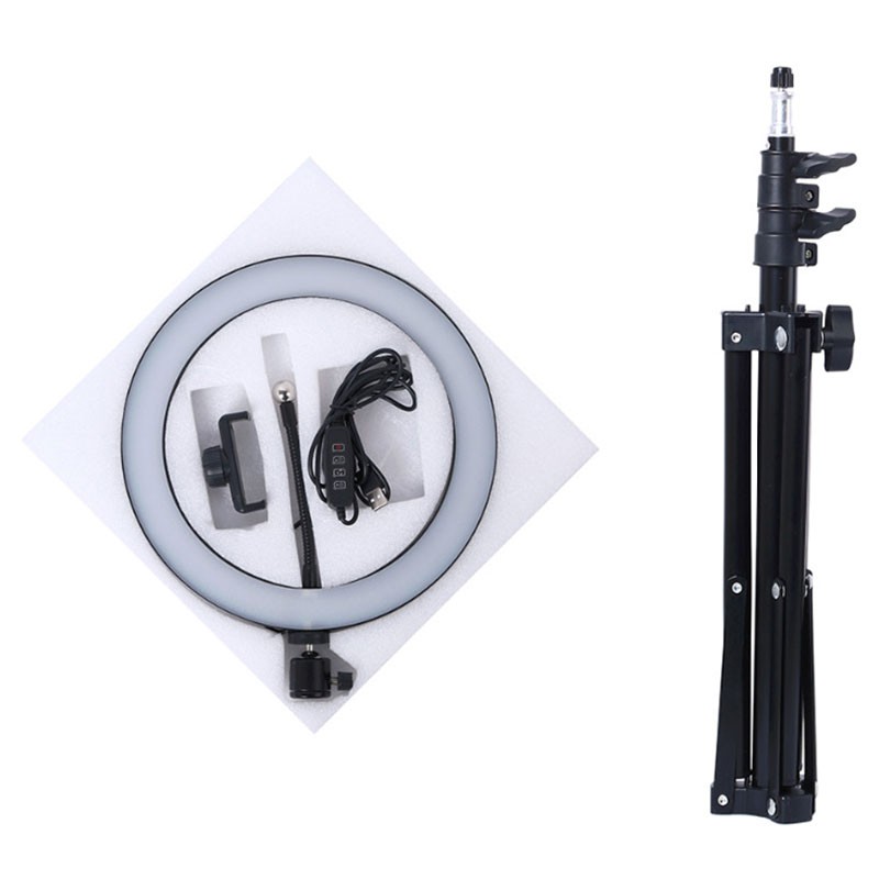 contenido del paquete del Set de Grabación Anillo LED Regulable 26cm + Trípode con Soporte Smartphone 210cm