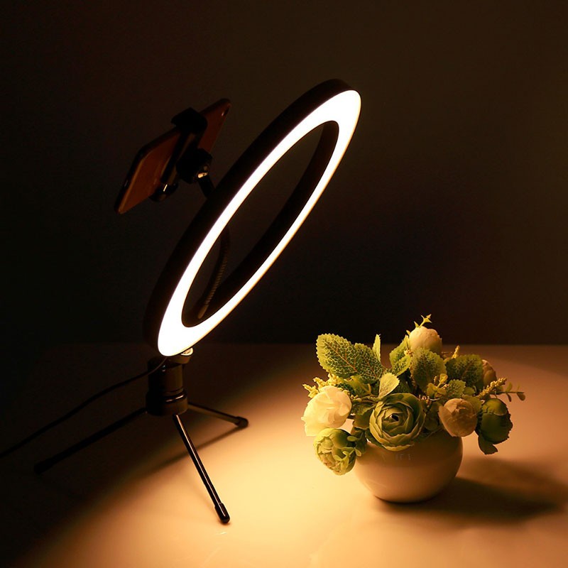 luz cálida del Set de Grabación Anillo LED Regulable 26cm + Trípode con Soporte Smartphone 210cm