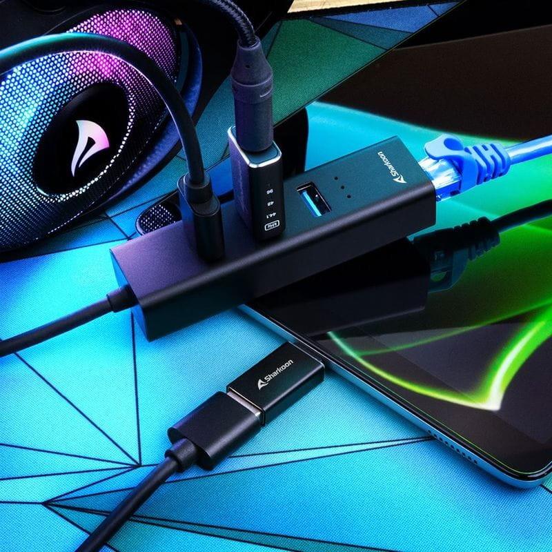 Sharkoon HUB USB 3.2 Alluminium HUB + RJ45 y USB Tipo C Negro - HUB - Gaming