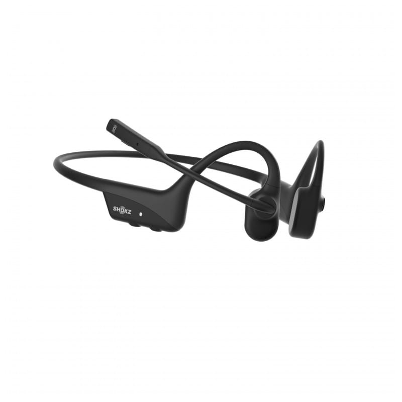 SHOKZ OpenComm 2 UC Negro - Auriculares conducción ósea imagen lateral con micrófono plegado