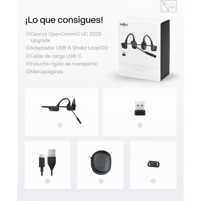 Contenido de la caja de los Shokz OpenComm 2 UC USB-A Negro de Conducción Ósea