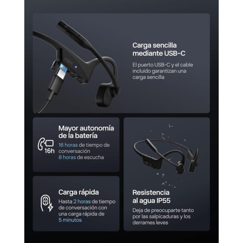 Shokz OpenComm 2 UC USB-A Negro de Conducción Ósea con carga USB-C