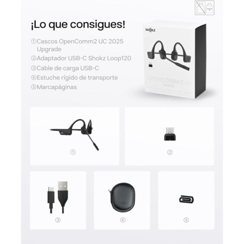 Contenido de la caja de los Shokz OpenComm 2 UC USB-C Negro conducción ósea