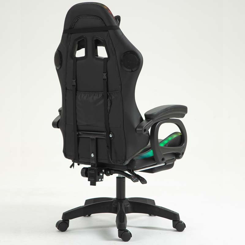 vue arrière et latérale de la Chaise Gaming PowerGaming LED RGB avec Haut-parleur Bluetooth, Massage et Repose-pieds Noir