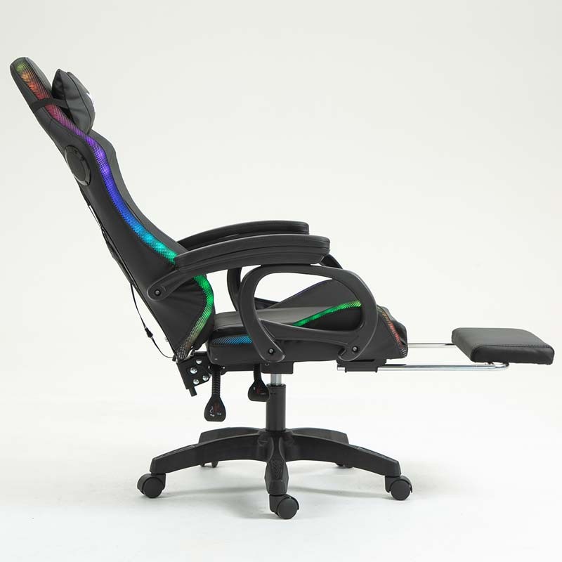 vue latérale de la Chaise Gaming PowerGaming LED RGB avec Haut-parleur Bluetooth, Massage et Repose-pieds Noir inclinée