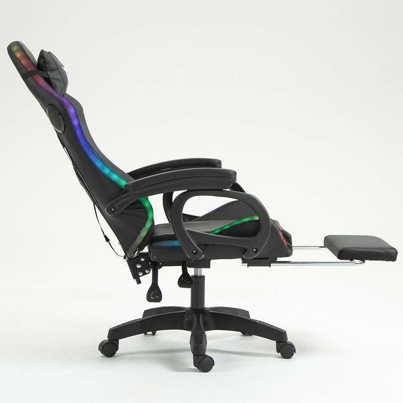 vue latérale de la Chaise Gaming PowerGaming LED RGB avec Haut-parleur Bluetooth, Massage et Repose-pieds Noir inclinée