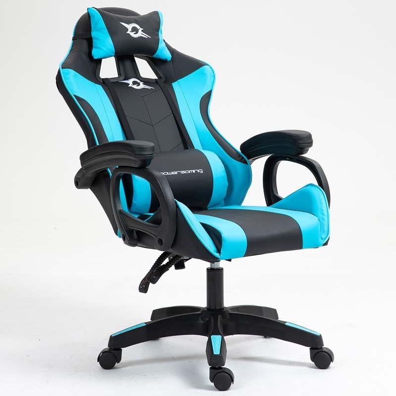 vista frontal de la Silla Gaming PowerGaming con Altavoz Bluetooth y Masaje Negro+Azul reclinada