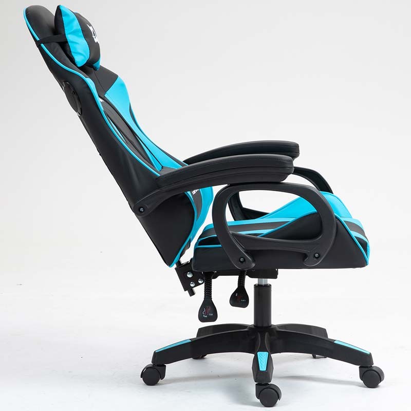 vista lateral de la Silla Gaming PowerGaming con Altavoz Bluetooth y Masaje Negro+Azul reclinada