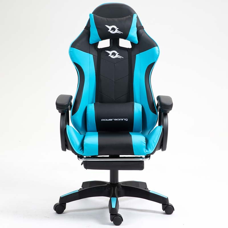 vue de face et de côté de la Chaise Gaming PowerGaming avec 7 points de massage et Repose-pieds Noir+Bleu