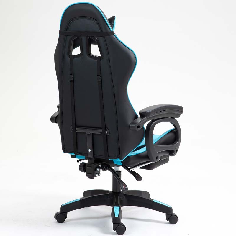 vue arrière et de côté de la Chaise Gaming PowerGaming avec 7 points de massage et Repose-pieds Noir+Bleu