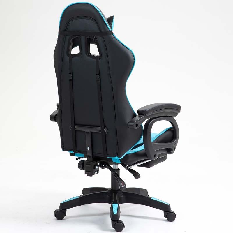 vue arrière et de côté de la Chaise Gaming PowerGaming avec 7 points de massage et Repose-pieds Noir+Bleu