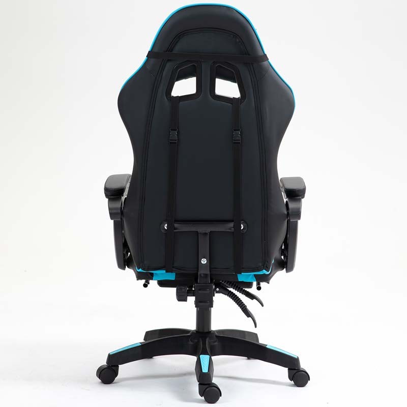 vue arrière de la Chaise Gaming PowerGaming avec 7 points de massage et Repose-pieds Noir+Bleu