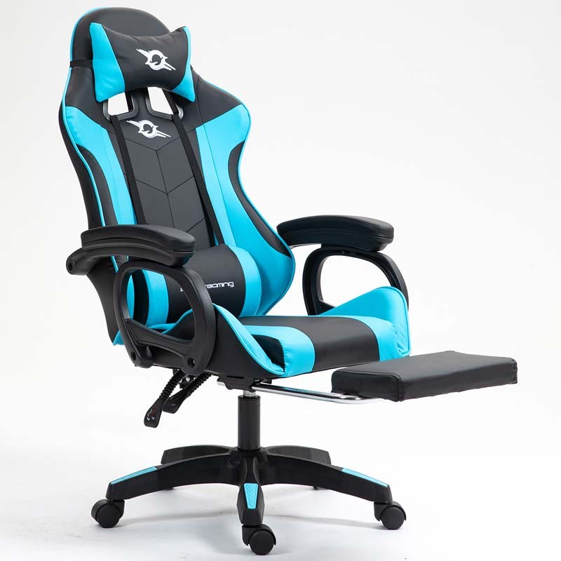 vue de face de la Chaise Gaming PowerGaming avec 7 points de massage et Repose-pieds Noir+Bleu inclinée